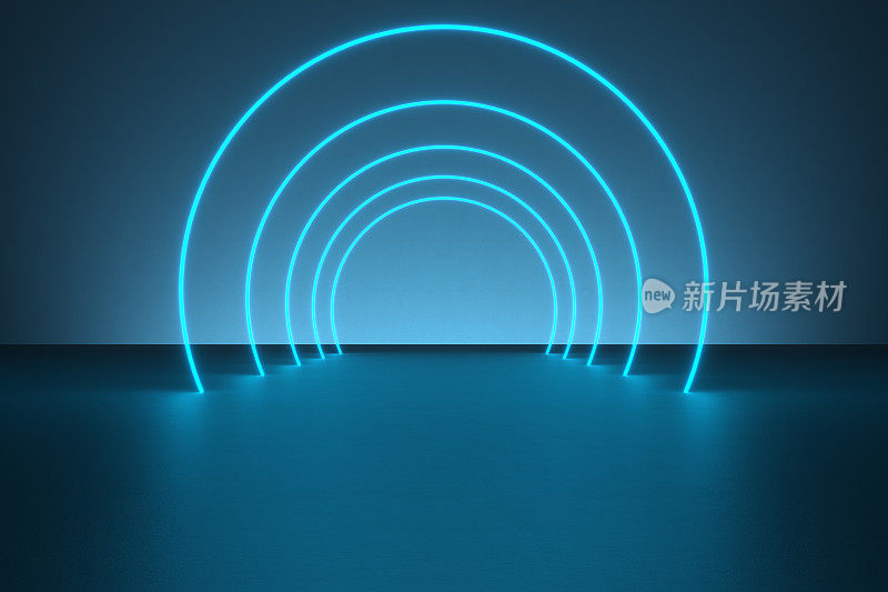 现代的空白抽象背景，由蓝色圆形弯曲霓虹灯/框架照明，作为递减的透视隧道，80年代的复古风格